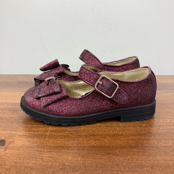 Sugar Brand Kenna Burgundy Sparkle Bow Mary Jane Flats Hook Loop Girls Size 10M. - Picture 2 of 12